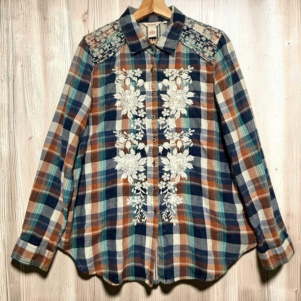 Sundance SIZELARGE Top Embroidered Plaid Button Western Boho Shrt Floral Flannel
